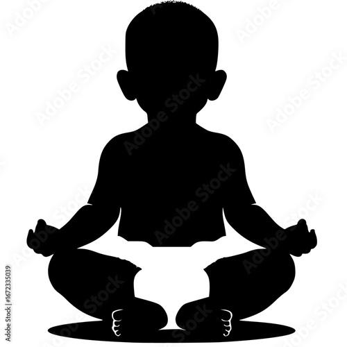 Silhouette of a Meditating Infant: A serene silhouette of a baby in a cross-legged yoga posture, suggesting calm mindfulness, and spiritual practice. This image depicts inner peace and tranquility.
