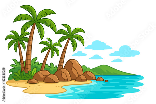 Tropical island landscape with lush palm trees, large rocks, clear blue water, sunny daylight, tropical beach paradise, vector cartoon illustration with transparent background