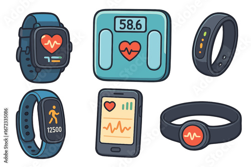 Unique Collection of Fitness and Health Tracking Devices, Smart Watches, Activity Trackers, Heart Rate Monitors, and Digital Scale Illustrations in Vibrant Cartoon Vector Style