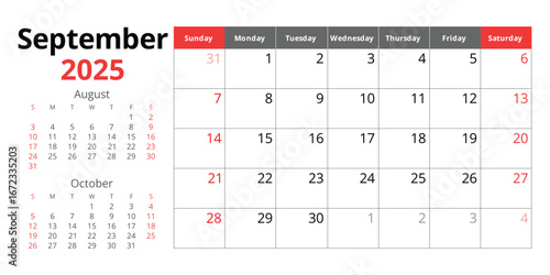 2025 september calendar. vector English monthly. Autumn month. Design with Sunday start