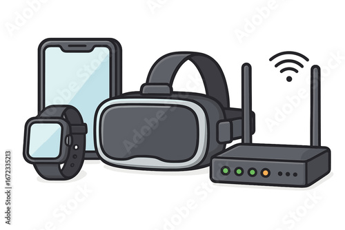 Variety of modern technology devices including smartphone, smartwatch, virtual reality headset, wireless router, digital gadgets, connectivity, and futuristic electronics. Vector cartoon illustration