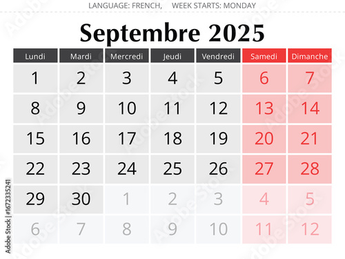 French calendar for september 2025. Vector illustration autumn month for France - septembre calendrier