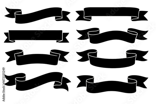 Collection of black ribbon banner designs in multiple styles and shapes, vector cartoon illustration perfect for graphics, labels, decorations, retro vintage decor elements