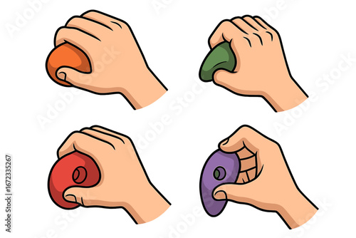 Various hand grips on climbing holds demonstrating different rock climbing techniques for training and strength exercise, colorful vector cartoon illustration for climbing gym use