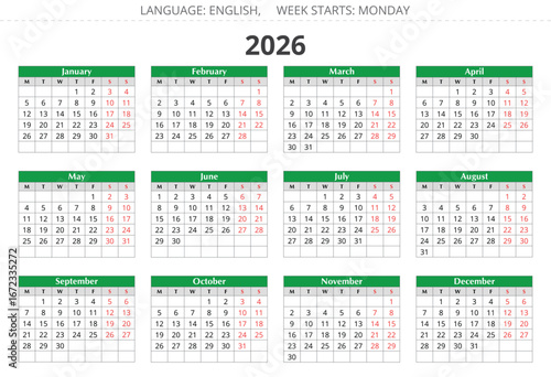 2026 english annual year calendar. illustration. Week starts monday