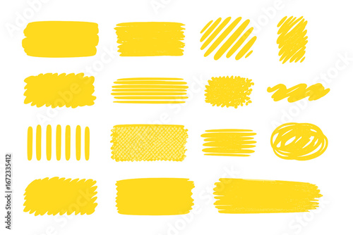 Yellow Brush Strokes on White Background, Various Artistic Drawing Styles and Textures for Creative Design, Vector Cartoon Illustration, Transparent Overlay Elements