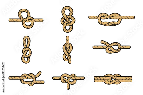 Various Types of Knots Vector Cartoon Illustration Set, Educational and Illustrative Rope Knot Collection on White Background for Maritime, Climbing, and Craft Use