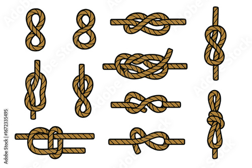 Various Types of Knots Illustration, Cartoon Rope Knots Set, Nautical and Camping Rope Tying, Educational and Instructional Vector Art for Outdoor, Sailing, and Survival