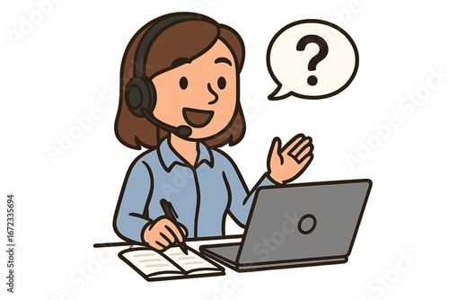Virtual assistant providing customer support and live communication with headset, note-taking, laptop, friendly female operator, cartoon vector illustration