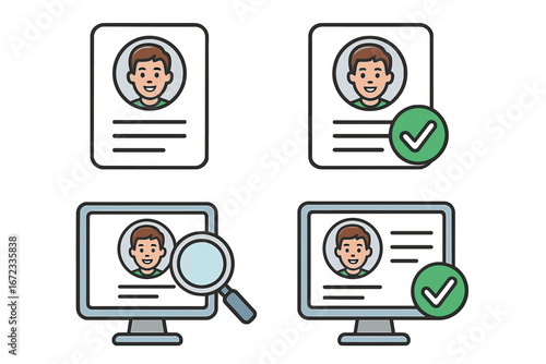 Visual representation of user profiles and verification processes in digital identity management systems, secure account access, profile validation icons, vector cartoon illustration