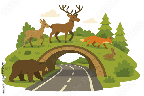 Wildlife crossing design illustrating how forest animals safely traverse highways in an eco-friendly natural setting with cartoon deer, bear, fox, and rabbit