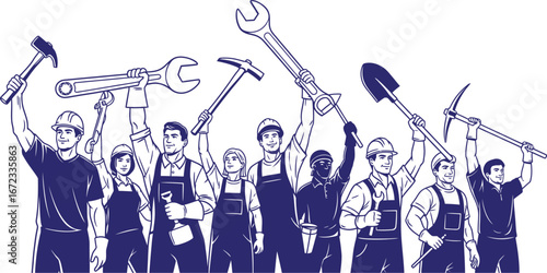 Workers labor construction tools teamwork industry support strength unity