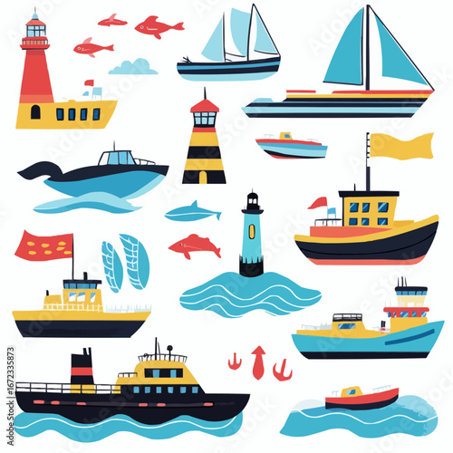 Bright clipart series with boats, anchors and lighthouses in flat bold naive childlike shapes, perfect for planners, scrapbooking, stationery and creative DIY projects