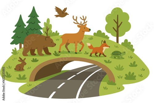Wildlife Crossing Design Illustration Showing Animals Safely Crossing Highways in Eco-Friendly Natural Habitat, Vector Cartoon with Deer, Bear, Fox, Rabbit, Turtle, Bird and Trees