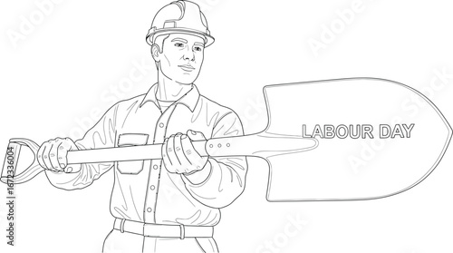 Labour day worker shovel construction industry hardhat job work outline line