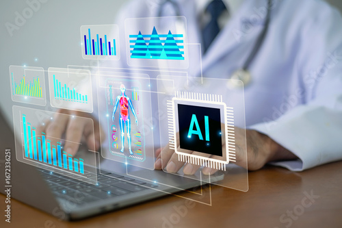 Fotografie Doctor technology AI supports preventive healthcare by predicting disease risks early, guiding lifestyle changes, and promoting long-term wellness for diverse populations