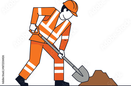 Construction worker digging shovel safety helmet vest orange uniform labor job site