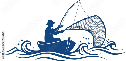 Fisherman boat fishing net sea ocean water waves silhouette sport hobby leisure