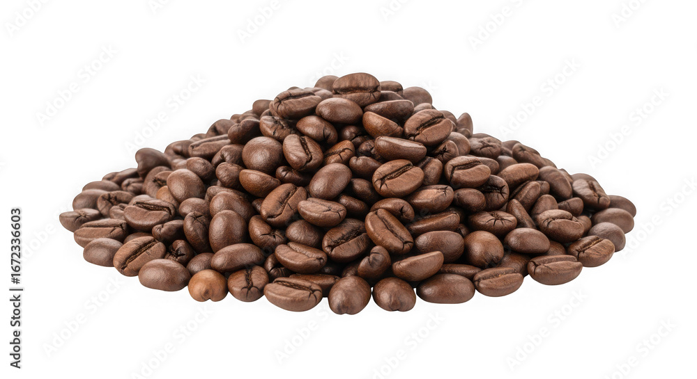 Naklejka premium A mound of freshly roasted coffee beans piled on a black background pile of coffee beans caffeine isolated on a transparent background