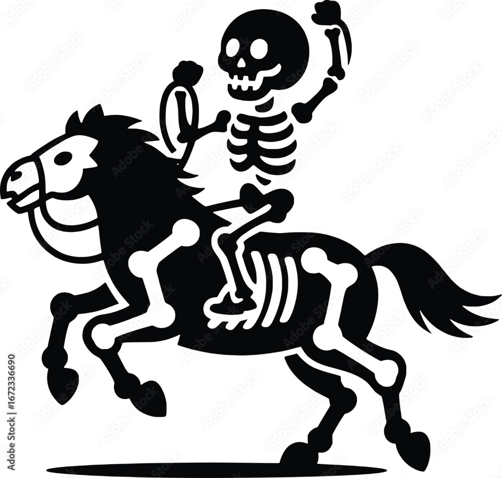 Fototapeta premium Spooky skeleton rider on horseback in a classic black and white silhouette style