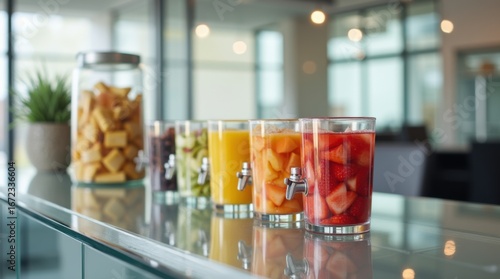 Sleek glass break room table featuring vibrant snack containers and variety of beverages for office employees

