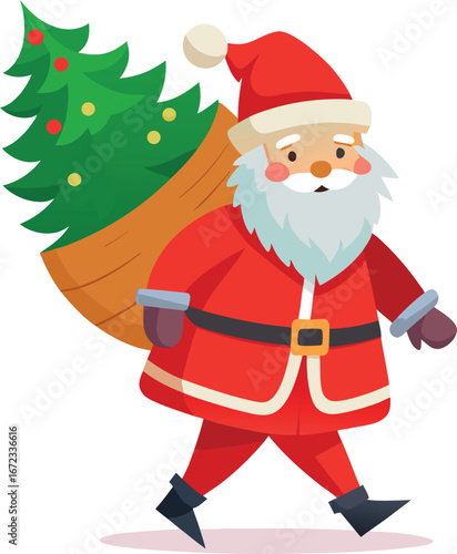 Vector art of cartoon santa claus carrying a christmas tree on his back