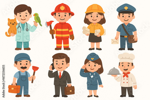 Cartoon Professions Characters Set in Cute Flat Vector Style