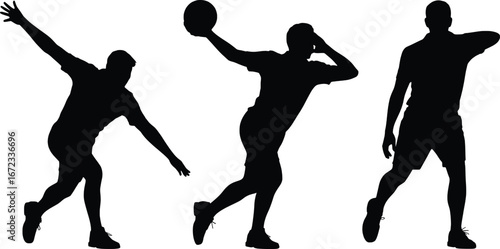 Three silhouettes of a handball player in dynamic poses demonstrating action and athleticism