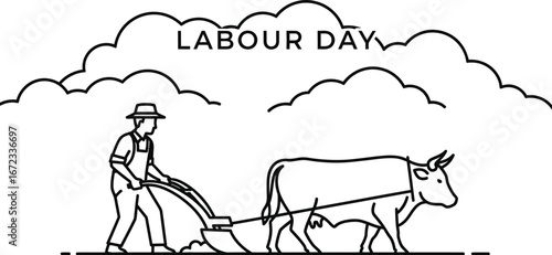 Labour day farmer agriculture plowing ox clouds celebration holiday labor work