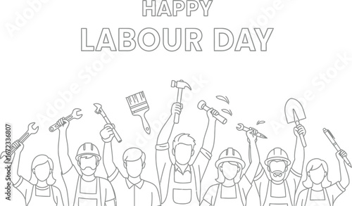 Happy labour day workers construction tools celebration holiday labour day