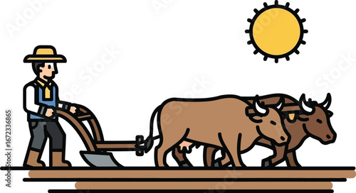 Farmer plowing field agriculture rural farming oxen sun traditional work soil