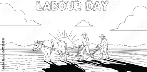 Labour day agriculture farming farmers plowing field sun clouds rural work