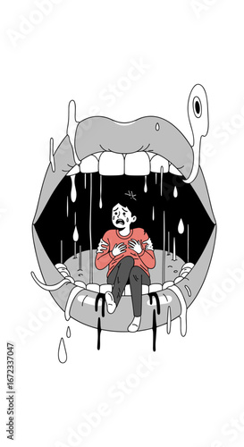 Person trapped inside giant mouth experiencing ordeal surrounded by dripping liquid and tentacles