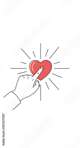 A tender touch activates the glowing heart with light rays emanating from its center