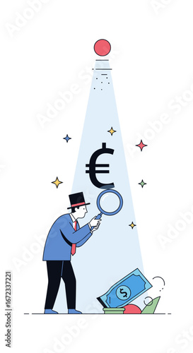 Financial investigator meticulously searching for hidden economic opportunities and untapped investment potential with a magnifying glass