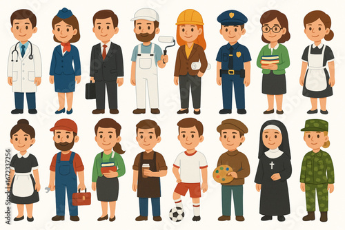 Cartoon Vector Characters of Professions in Flat Colorful Full Body Design