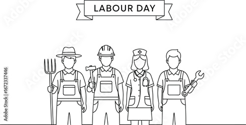 Labour day workers professions farmer builder nurse mechanic vector line art