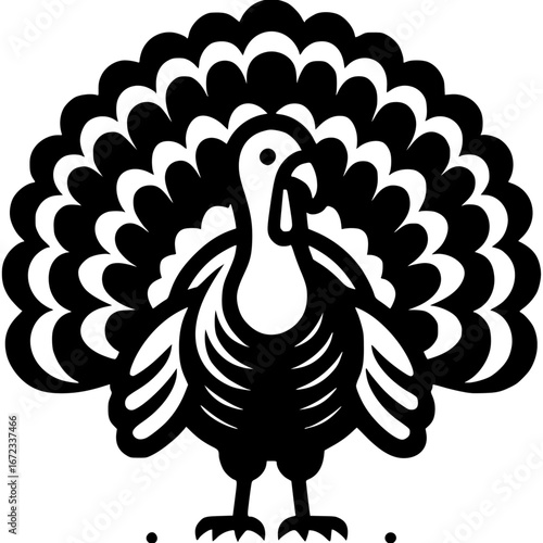 Thanksgiving Turkey Silhouette: A striking black and white silhouette of a proud turkey, its plumage dramatically displayed, symbolizing the essence of the Thanksgiving season. 