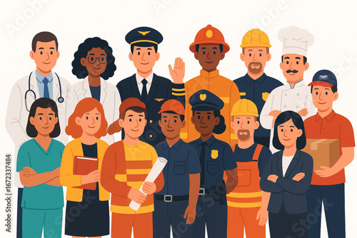 Vector Illustration of Diverse Professions and Workers in Flat Inclusive Style