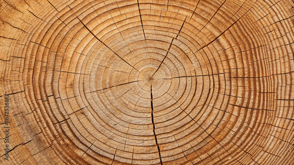Naklejka premium Close-up of a tree stump cross-section showing growth rings and cracks wood timber