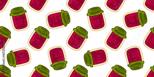Seamless Raspberry Jam Jar Pattern. Cartoon raspberry jam jars with green lids in flat style. Seamless sweet homemade food pattern on white background.