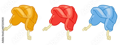 Cartoon Winter Hat Collection. Set of colorful winter hats with ties in cartoon style. Flat illustration on white background.