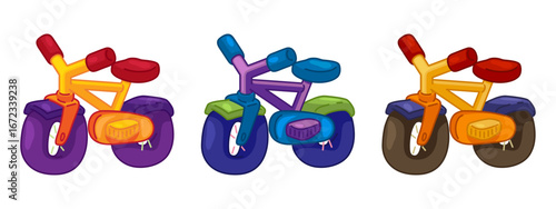 Cartoon Kids Bicycle Collection. Set of colorful kids balance bikes in cartoon style. Flat illustration on white background.