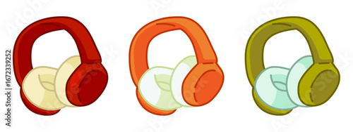 Cartoon Colorful Headphone Collection. Set of colorful headphones in cartoon style. Flat illustration on white background.
