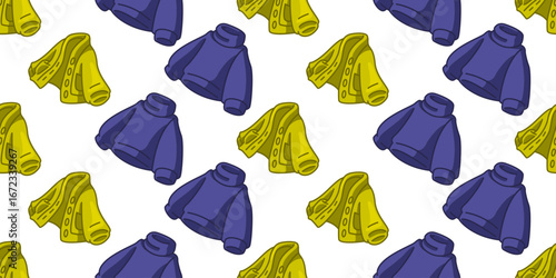 Seamless Cartoon Sweater Cardigan Pattern. Blue sweaters and yellow cardigans in cartoon style. Flat seamless pattern on white background.
