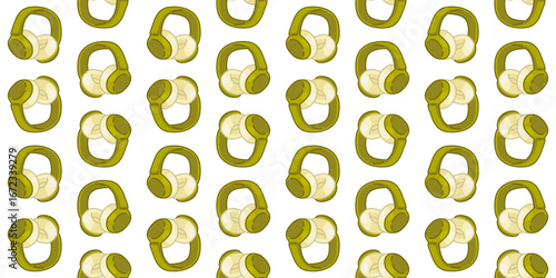 Seamless Cartoon Green Headphone Pattern. Green headphones in cartoon style. Flat seamless pattern on white background.