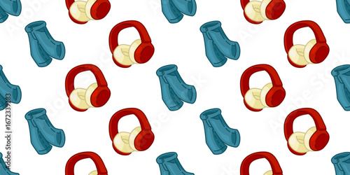 Seamless Cartoon Jeans Headphone Pattern. Red headphones and blue jeans in cartoon style. Flat seamless pattern on white background.