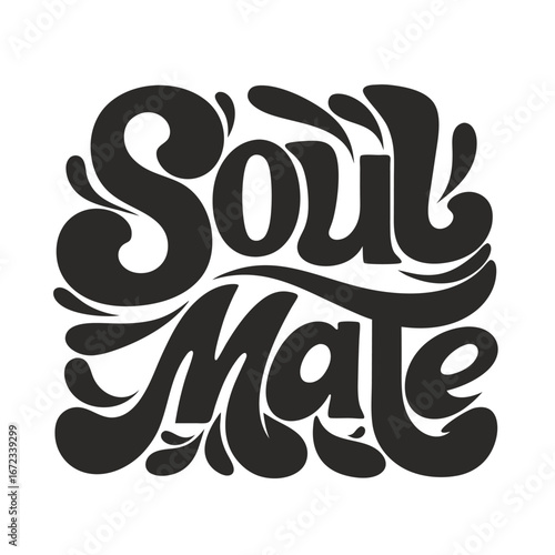 Elegant black and white vector illustration of the word soulmate with floral swirls, perfect for wedding invitations, valentines day cards, and romantic celebrations, isolated on white background