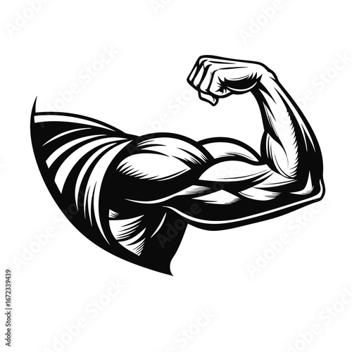 Illustration of a muscular arm flexing its biceps, showcasing strength and fitness, ideal for gym, bodybuilding, and healthy lifestyle themes isolated on white background