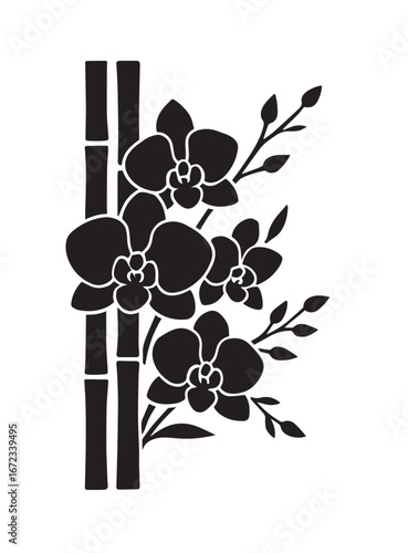 Black silhouette of bamboo stalks with orchid flowers and buds on a white background blossom